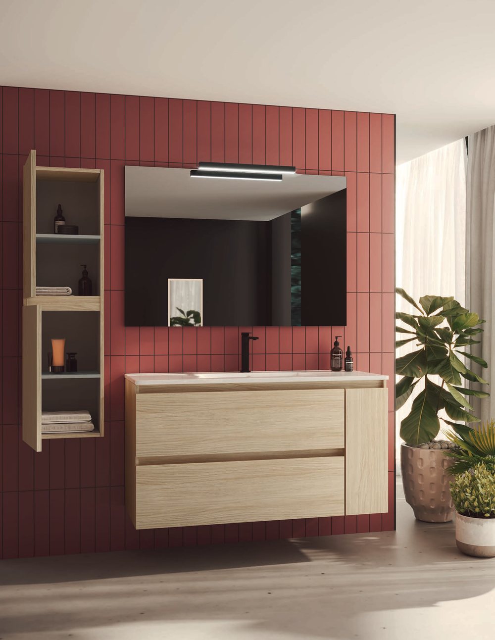 Mueble de baño Express de Campoaras en madera sobre pared roja