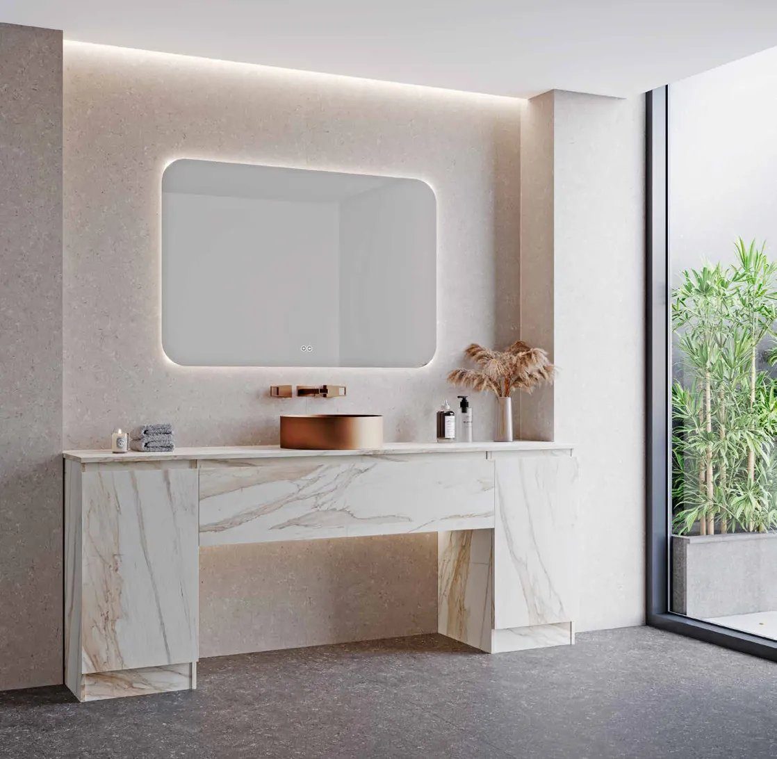 Composición a medida en piedra compacta · lavabo cobre