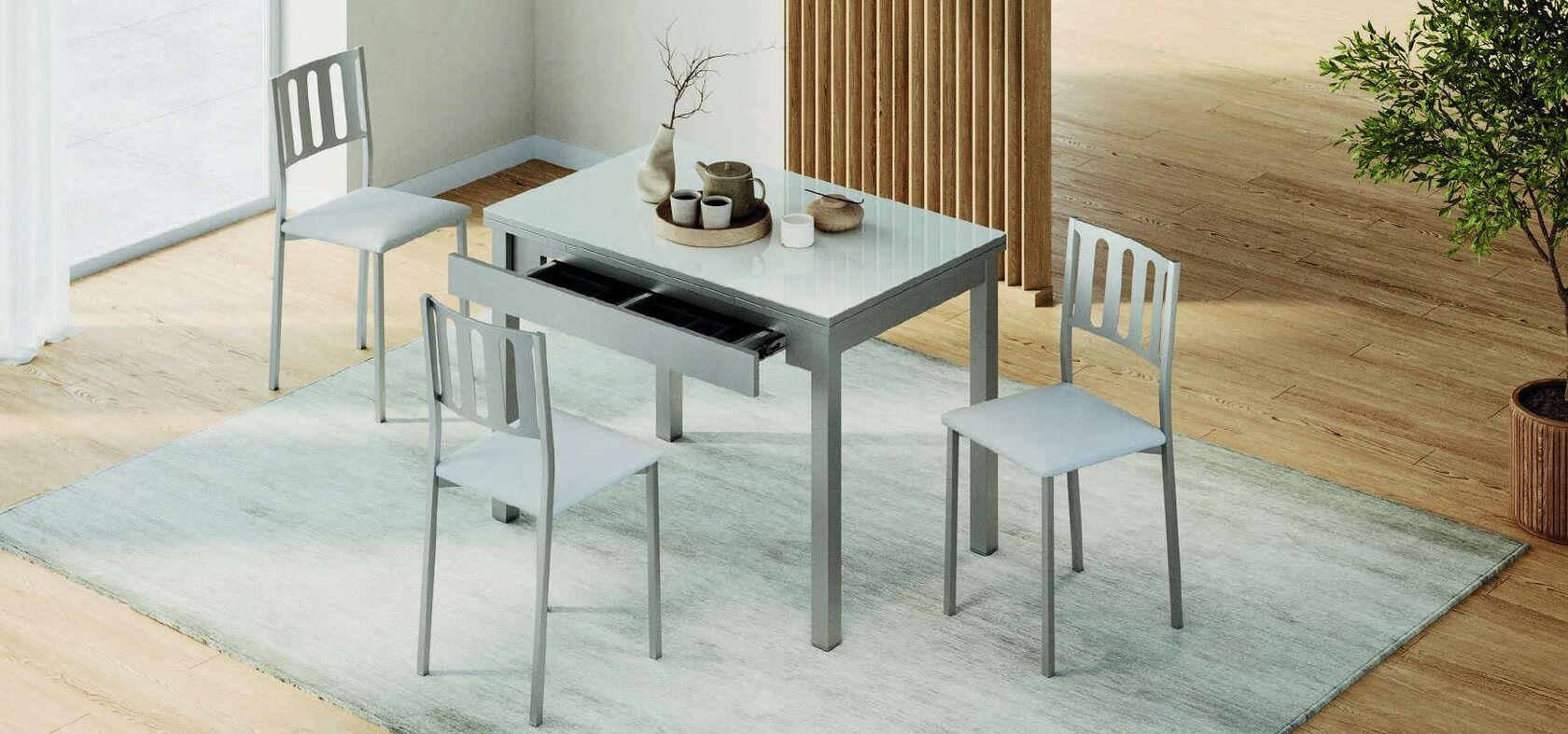 Mesa de cocina Mesinor con encimera de porcel&aacute;nico en una cocina reformada