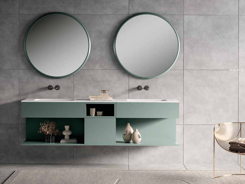 Mueble doble Sergio Luppi D&uacute;o en verde salvia con espejos redondos