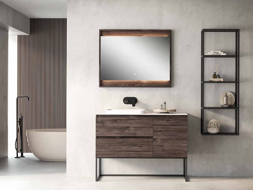 Mueble Sergio Luppi Mito en nogal con encimera negra bajo arcos