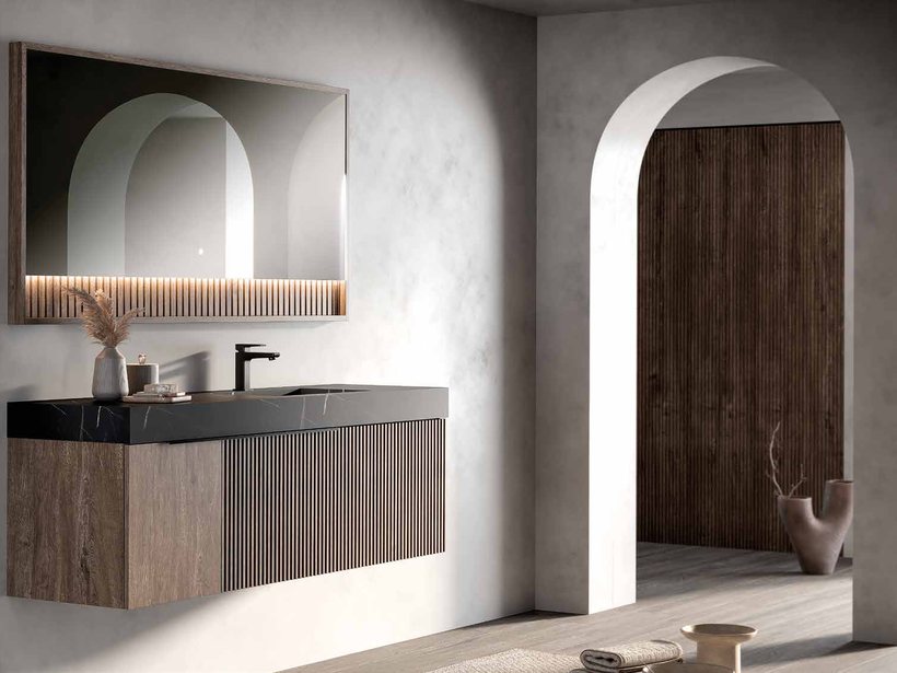 Ambiente de ba&ntilde;o Sergio Luppi Planet con frente marm&oacute;reo