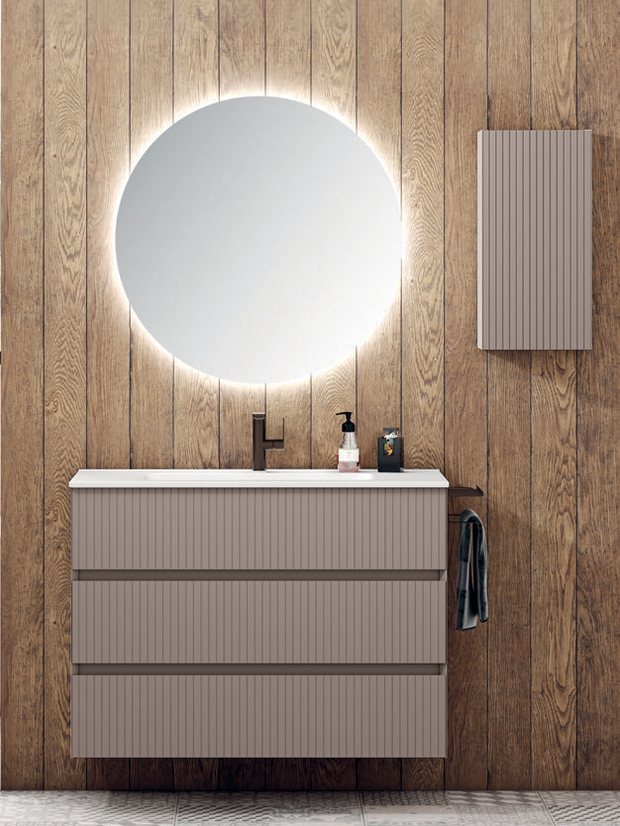 Mueble Atenas de Standard Line con frente acanalado y espejo redondo