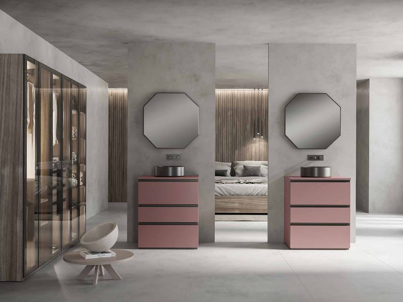 Ambiente Mito del cat&aacute;logo Evolution de Sergio Luppi, con doble mueble lacado y espejos octogonales